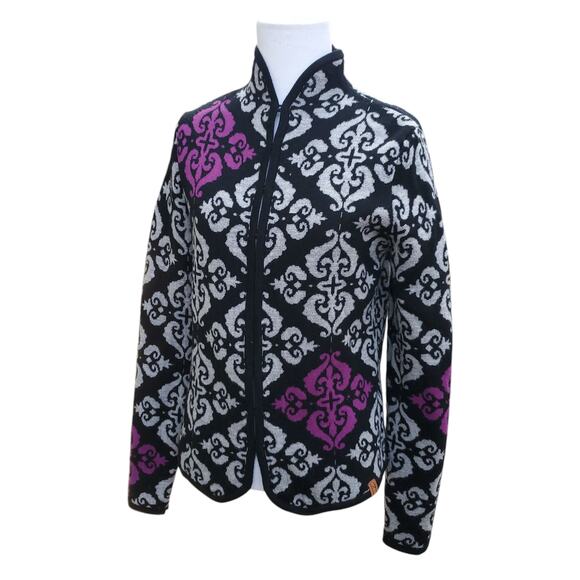 NEVE Geometric Wool Cardigan Jacket Hook Eye Notched Back Black Gray Purple Sz S - Picture 9 of 16
